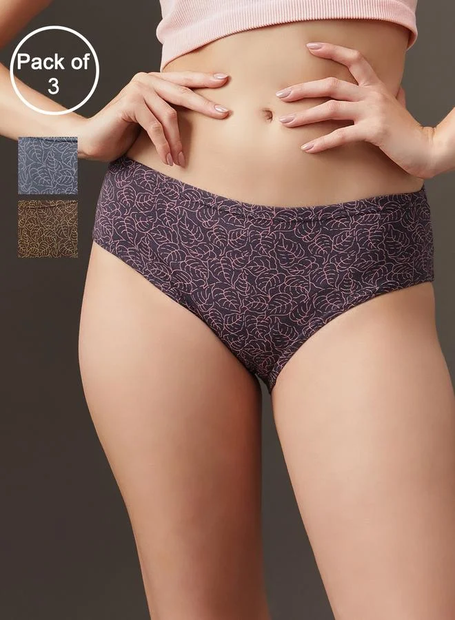 Clovia Pack of 3 - Leaf Print Mid Waist Hipster Panties- 100% Cotton